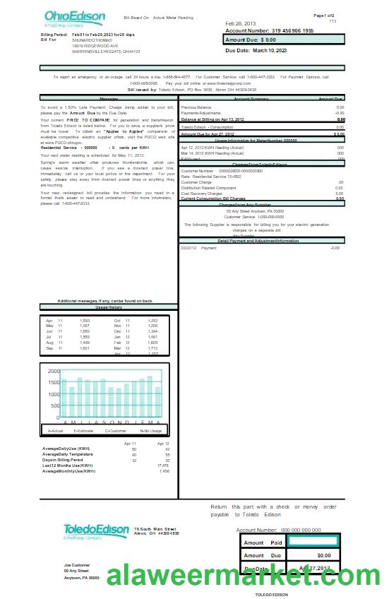 USA OHIO EDISON utility bill Word and PDF template